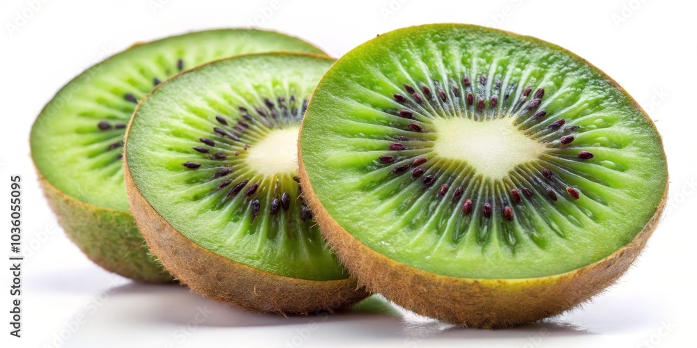 Fototapeta premium Close-up of a Juicy Kiwi Fruit Slice, Green and Brown Composition, White Background, Kiwi, Fruit, Healthy