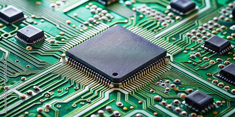 Closeup of a Microchip on a Green Circuit Board, Technology, Electronics, Hardware Closeup of a Microchip on a Green Circuit Board, Technology, Electronics, Hardware