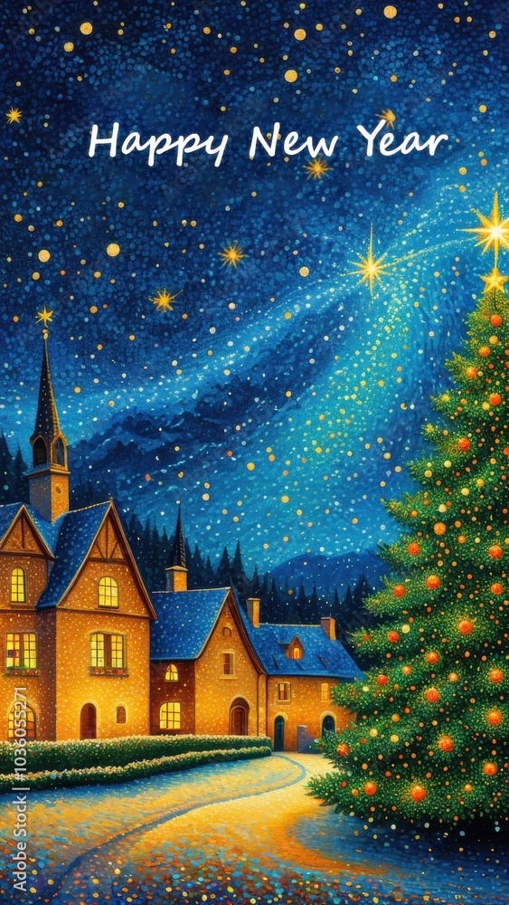 A festive New Year’s greeting card featuring a beautifully decorated Christmas tree under a starry night sky, ideal for holiday-themed designs A festive New Year’s greeting card featuring a beautifully decorated Christmas tree under a starry night sky, ideal for holiday-themed designs