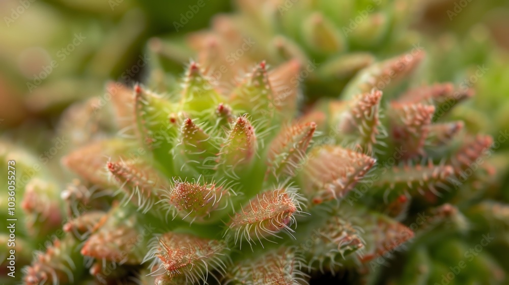 In a detailed shot the fuzzy texture of a succulents leaves can be seen creating a soft and inviting appearance against the sharp edges and points. In a detailed shot the fuzzy texture of a succulents leaves can be seen creating a soft and inviting appearance against the sharp edges and points.
