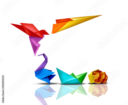 Transformation And Success  or transform And Succeed changing and growing for success as a business leadership and change metaphor as creativity as paper transforming into a jet airplane.