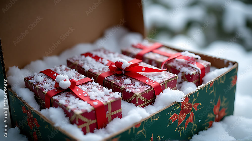 snowy christmas gifts carefully placed festive box magical winter display outdoors snowy christmas gifts carefully placed festive box magical winter display outdoors