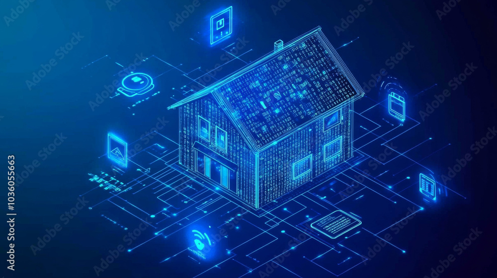 A blue background shows a house made of numbers, connected to icons of smart home devices. This image represents how smart technology controls your home, with everything connected to the internet. A blue background shows a house made of numbers, connected to icons of smart home devices. This image represents how smart technology controls your home, with everything connected to the internet.