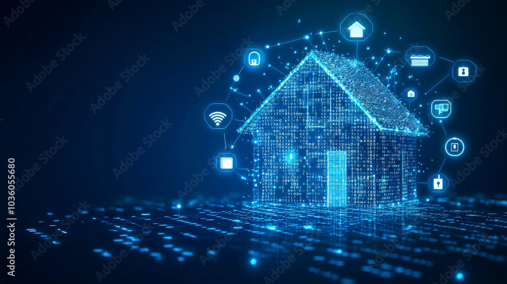 A blue background shows a house made of numbers, connected to icons of smart home devices. This image represents how smart technology controls your home, with everything connected to the internet. A blue background shows a house made of numbers, connected to icons of smart home devices. This image represents how smart technology controls your home, with everything connected to the internet.