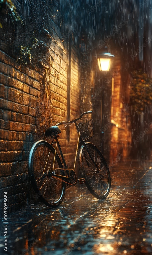 Fototapeta premium Rainy night, bike by brick wall, streetlight glow.