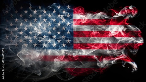 The american flag is waving and blending with colorful smoke on a black background