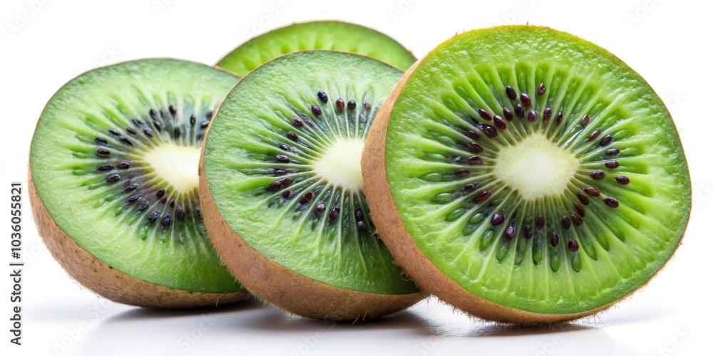 Fototapeta premium Close-Up of Three Sliced Kiwi Fruit on White Background, fruit, kiwi, green