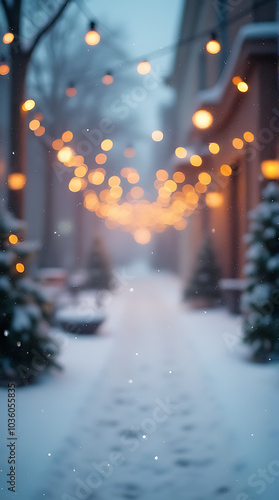 snowy winter scene festive decorations creates beautiful blurred effect photographs