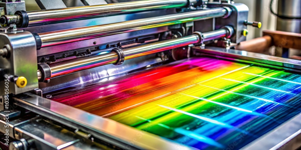 CMYK Printing Machine Close-up Rainbow Hues and Precise Rollers, printing , industrial , offset CMYK Printing Machine Close-up Rainbow Hues and Precise Rollers, printing , industrial , offset