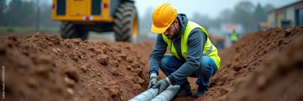 A construction worker in a hard hat and safety vest installs piping in a trench, ensuring reliable public utility infrastructure. Essential for urban development and maintenance. A construction worker in a hard hat and safety vest installs piping in a trench, ensuring reliable public utility infrastructure. Essential for urban development and maintenance.