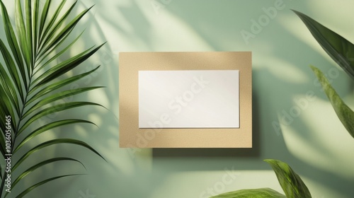 A minimalist display of blank canvas framed against a serene green wall with lush plant leaves in a tranquil indoor setting photo