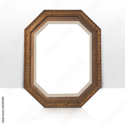 front view white paper on golden octagonal frame placed on grey wall and white floor background, object, decor, fashion, gift, photo, copy space