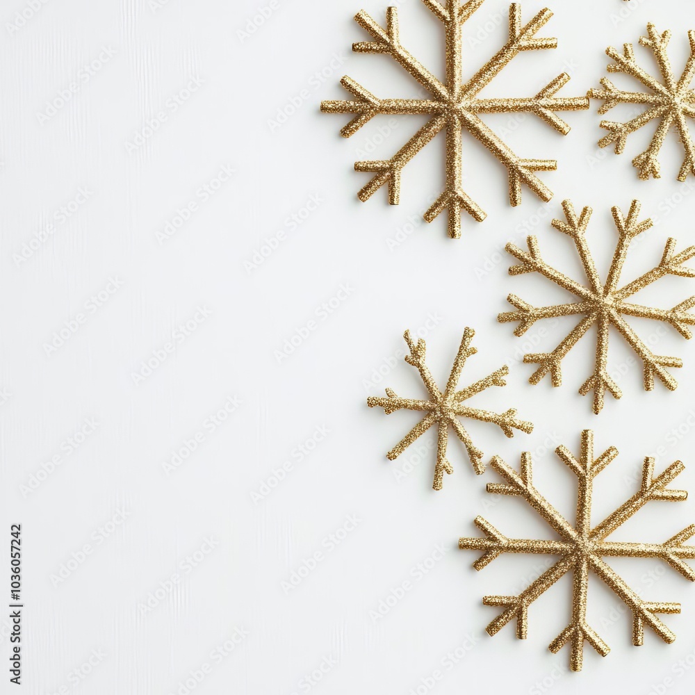 Tinsel snowflakes on white background, modern holiday elegance Tinsel snowflakes on white background, modern holiday elegance