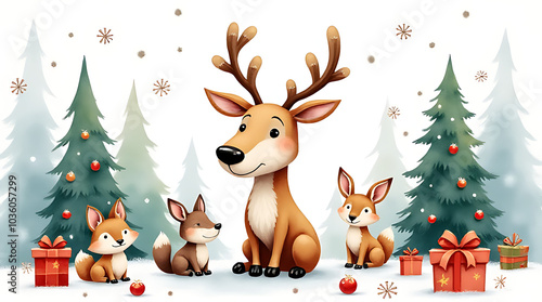 watercolor illustration features reindeer christmas decorations winter surrounded woodland animals festive elements