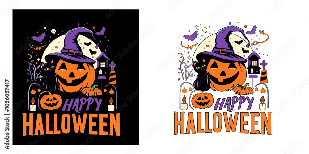 Halloween Pumpkin with Shining Cat and Purple Wizard Hat Halloween Pumpkin with Shining Cat and Purple Wizard Hat