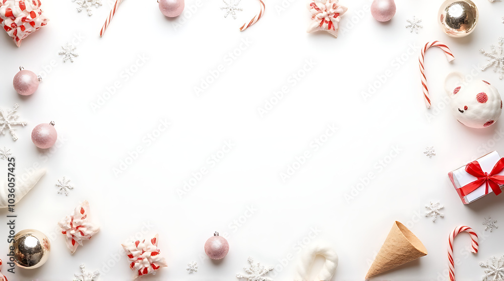 white background decorated balls snowflakes cones gifts lollypops festive holiday display white background decorated balls snowflakes cones gifts lollypops festive holiday display