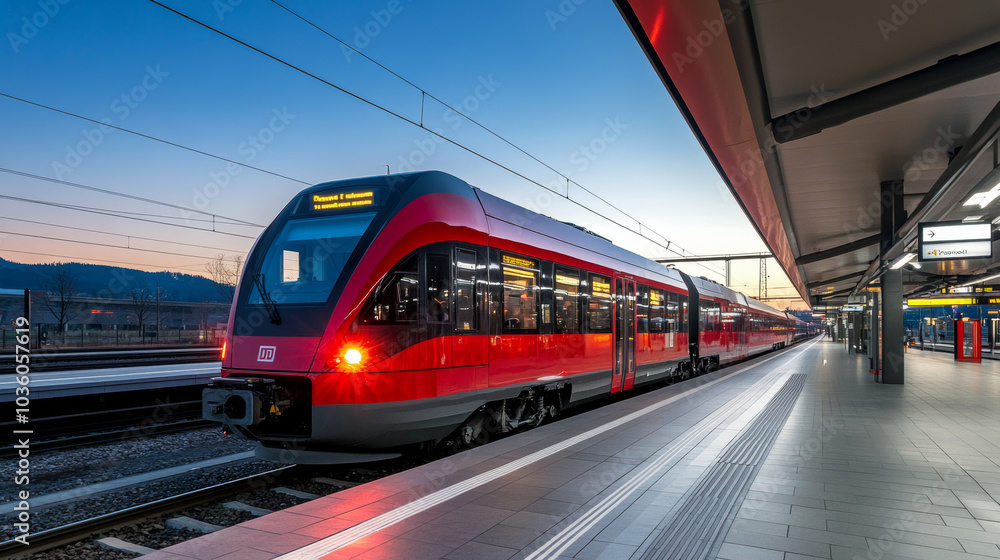 Naklejka premium A bright red passenger train speeds into a station platform. The sky is clear and blue, as the sun sets. This modern train represents a key part of Austria's transportation system.