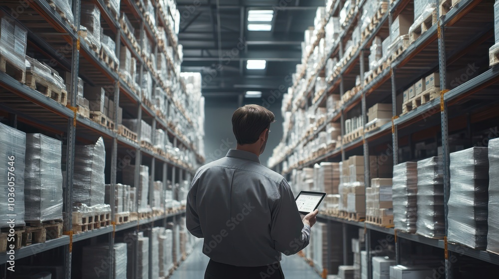 A logistics manager stands in a large warehouse, concentrating on a tablet that displays inventory data, surrounded by shelves filled with packaged goods A logistics manager stands in a large warehouse, concentrating on a tablet that displays inventory data, surrounded by shelves filled with packaged goods