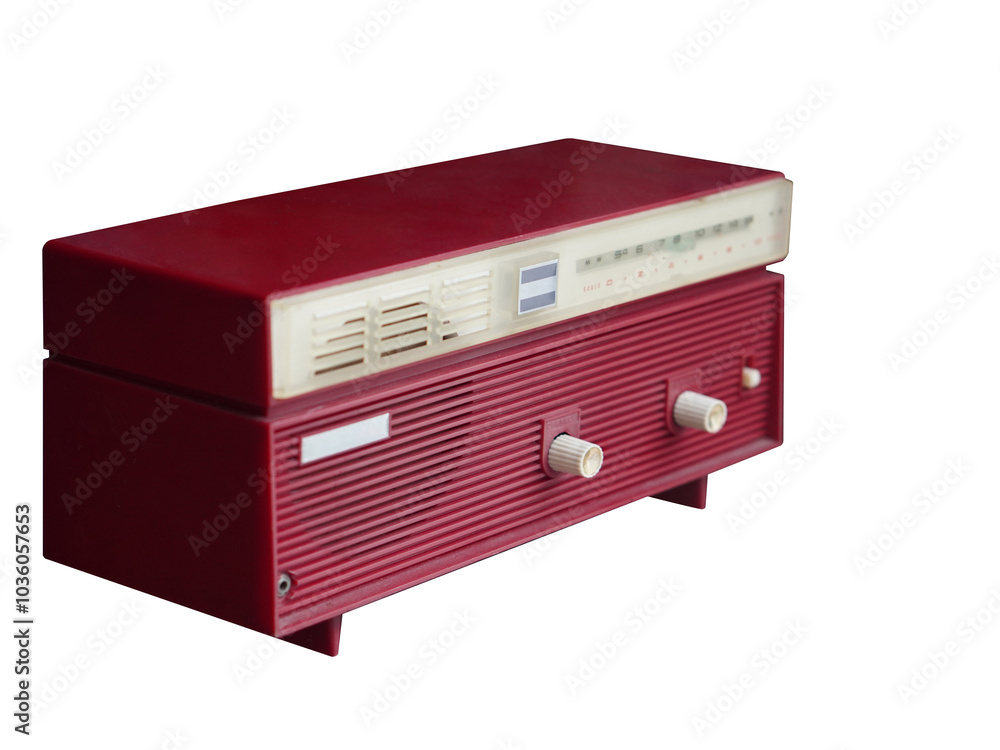 side view red and white plastic radio, on white background, vintage, ancient, decor, fashion, technology, copy space side view red and white plastic radio, on white background, vintage, ancient, decor, fashion, technology, copy space