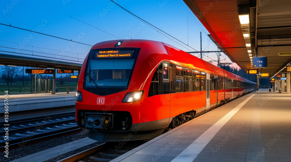 A bright red passenger train speeds into a station platform. The sky is clear and blue, as the sun sets. This modern train represents a key part of Austria's transportation system. A bright red passenger train speeds into a station platform. The sky is clear and blue, as the sun sets. This modern train represents a key part of Austria's transportation system.