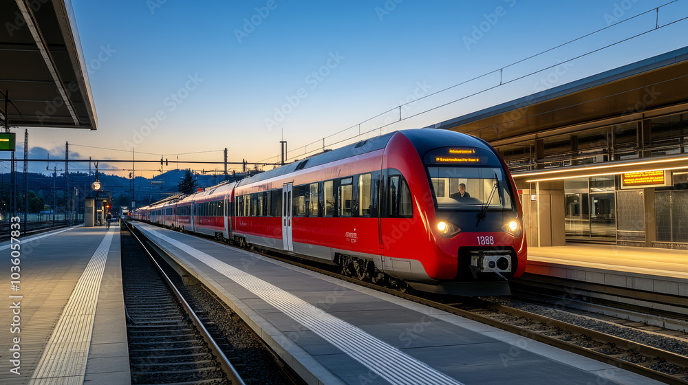 A bright red passenger train speeds into a station platform. The sky is clear and blue, as the sun sets. This modern train represents a key part of Austria's transportation system. A bright red passenger train speeds into a station platform. The sky is clear and blue, as the sun sets. This modern train represents a key part of Austria's transportation system.