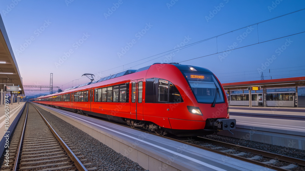 Naklejka premium A bright red passenger train speeds into a station platform. The sky is clear and blue, as the sun sets. This modern train represents a key part of Austria's transportation system.