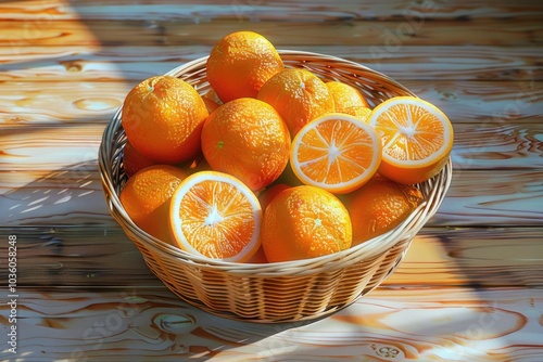 A lot of Navel Orange full and slice in basket on wooden background. photo