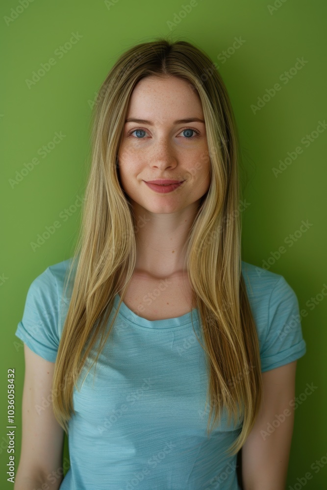 Obraz premium Young Woman with Blonde Hair in Blue T-Shirt Against a Green Background for Lifestyle Imagery