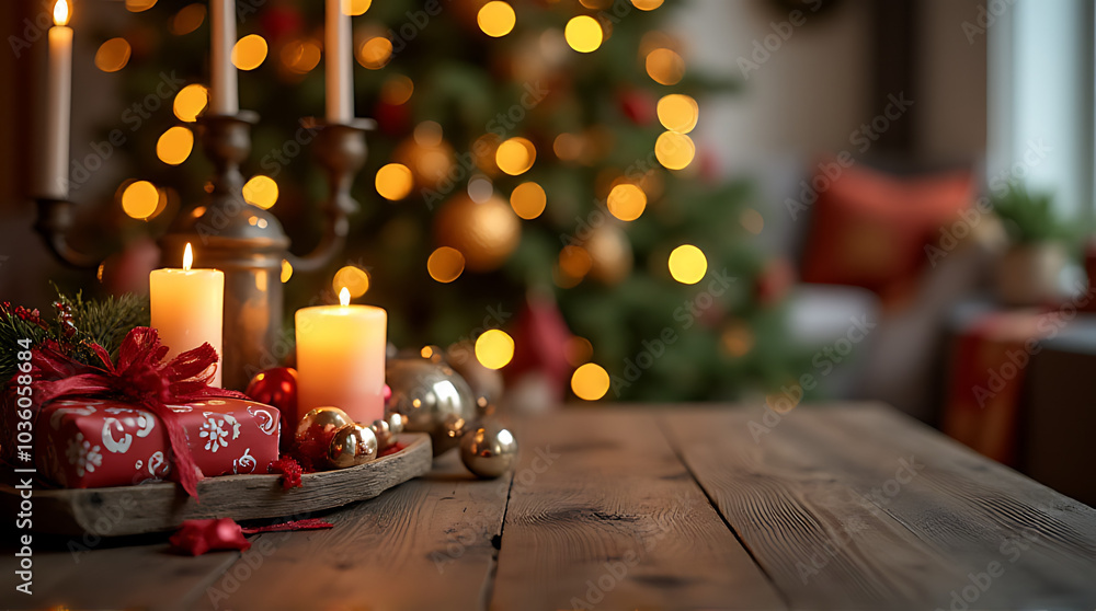 wooden table decorated traditional christmas items including candles festive presents wooden table decorated traditional christmas items including candles festive presents