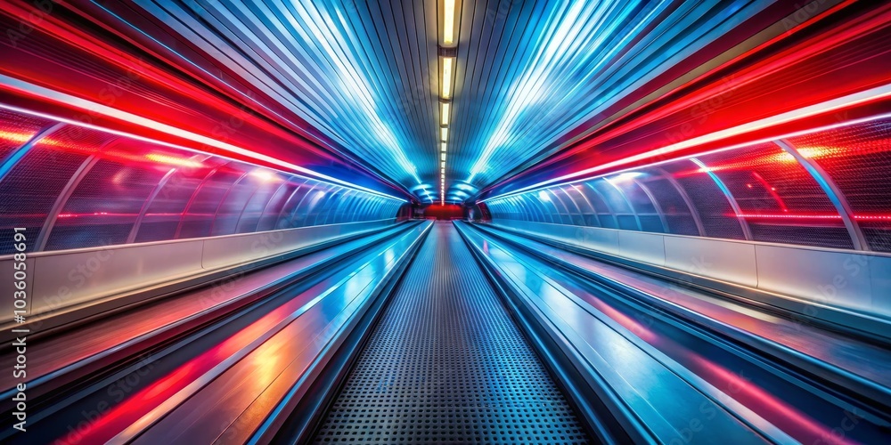 Escalator Tunnel A Futuristic Journey Through Neon Lights, Blue, Red, Abstract Escalator Tunnel A Futuristic Journey Through Neon Lights, Blue, Red, Abstract
