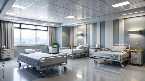 Modern private hospital room interior with two empty beds, large window and comfortable armchair, ready to receive patients