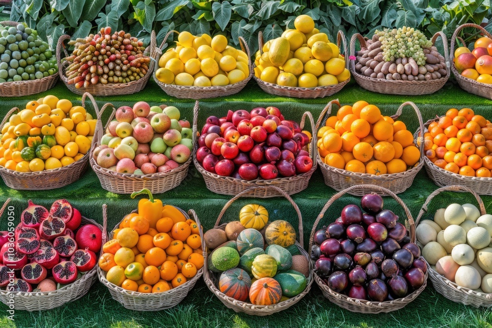 Fresh fruits and vegetables displayed in baskets on grass. Fresh fruits and vegetables displayed in baskets on grass.