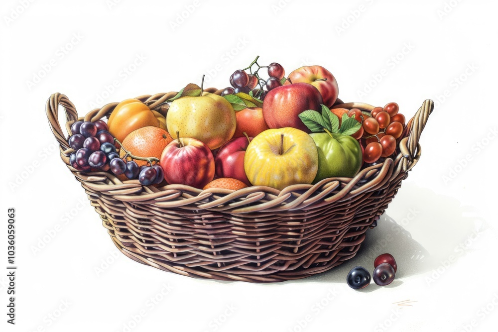 Assortment of fruits in basket isolated on white Assortment of fruits in basket isolated on white