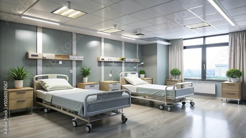 Modern private hospital room interior with two empty beds, large window and comfortable armchair, ready to receive patients