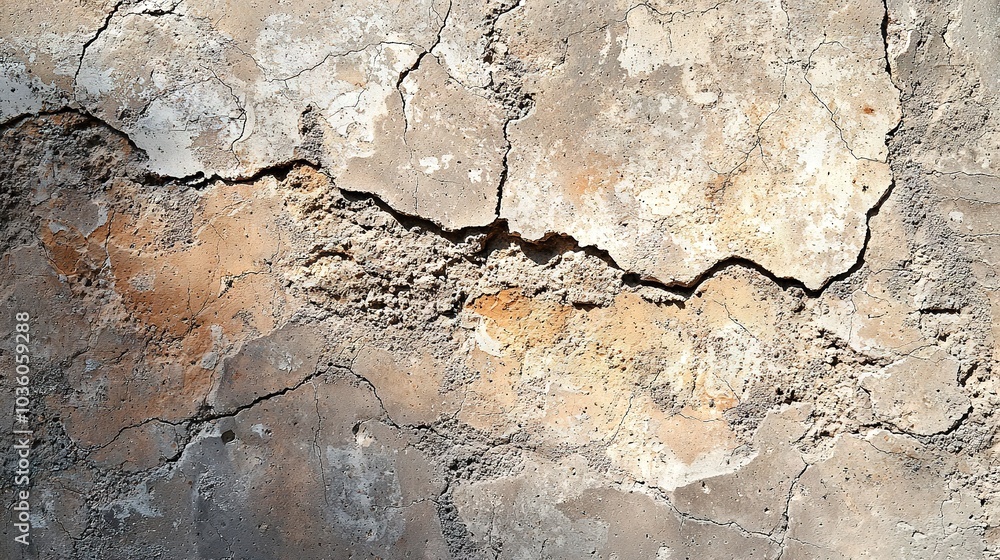 A close-up of a concrete wall with cracks and dirt on one side, and a stop sign on the other A close-up of a concrete wall with cracks and dirt on one side, and a stop sign on the other