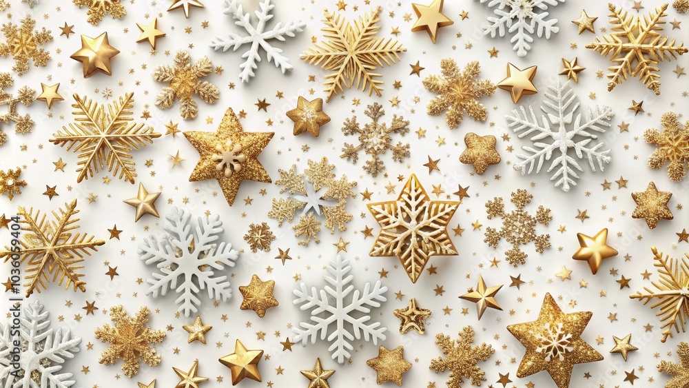 Christmas background with golden and silver decorations of stars and snowflakes forming a pattern on a white background Christmas background with golden and silver decorations of stars and snowflakes forming a pattern on a white background