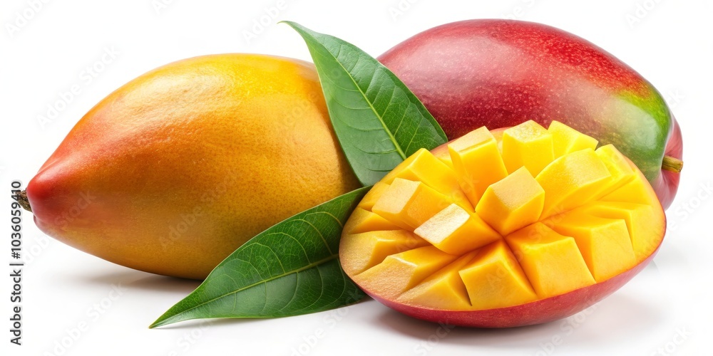 Fresh Mango with Green Leaves, Whole and Sliced, Isolated on White, mango, tropical fruit, fruit photography Fresh Mango with Green Leaves, Whole and Sliced, Isolated on White, mango, tropical fruit, fruit photography