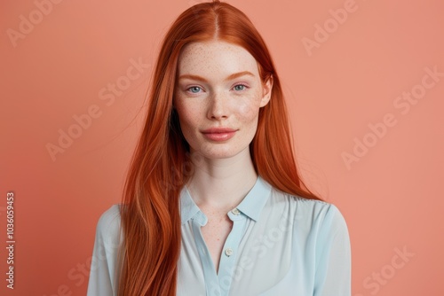 Confident Young Woman with Red Hair in Light Blue Blouse Against Coral Background