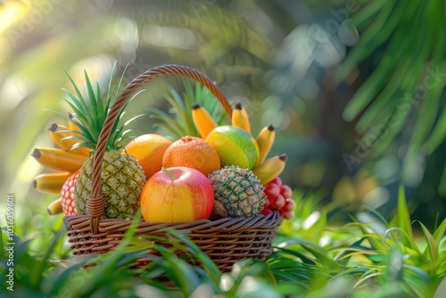 Basket of tropical fruits on green grass.