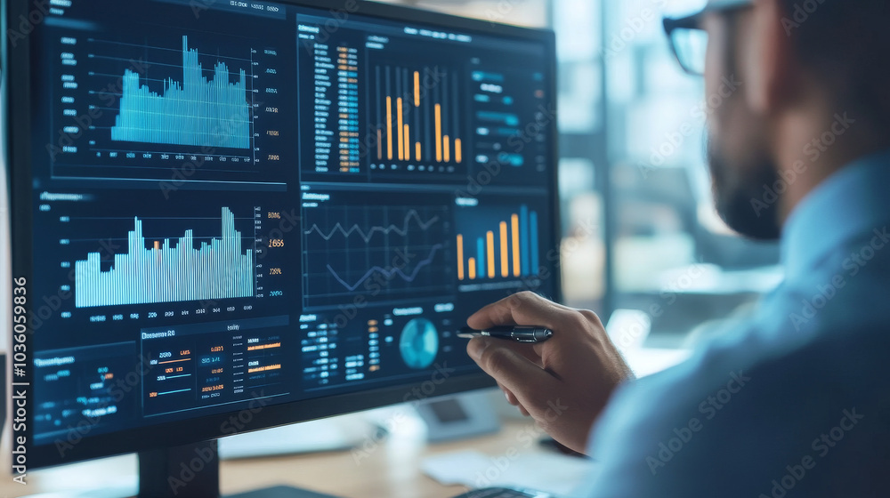 A businessman is using a dashboard to track his company's performance. The dashboard shows graphs and numbers that represent key financial information, like earnings, operations, and sales. A businessman is using a dashboard to track his company's performance. The dashboard shows graphs and numbers that represent key financial information, like earnings, operations, and sales.
