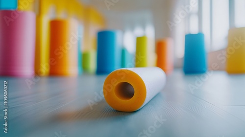 A minimalist scene with a foam roller in focus, with bright-colored yoga mats blurred in the background, creating a soft color contrast photo