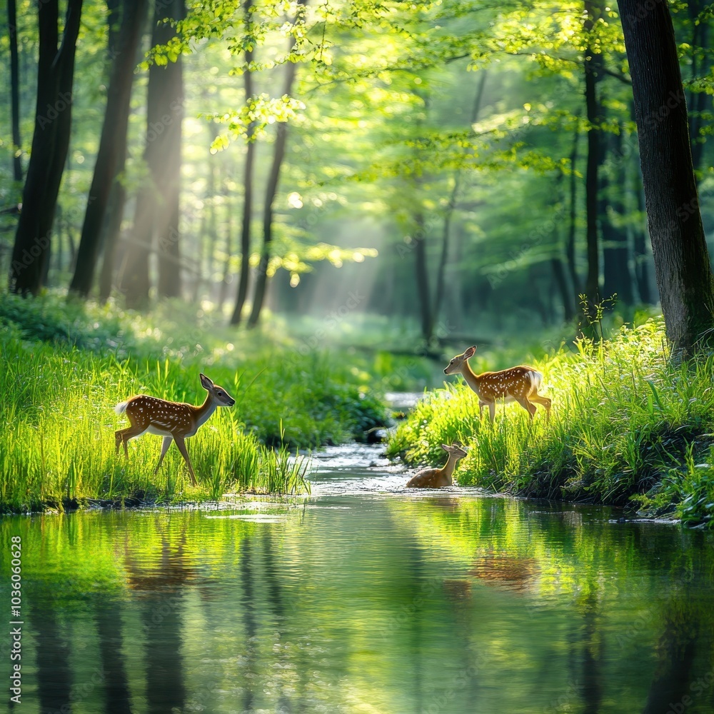 A serene forest scene featuring two deer by a sparkling stream surrounded by lush greenery and gentle sunlight.