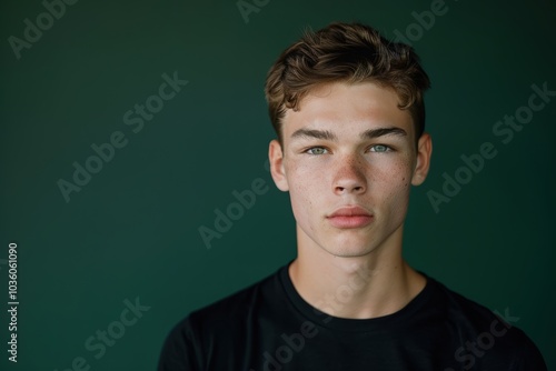 Determined Young Man Against Deep Green Background: Ambition and Focus