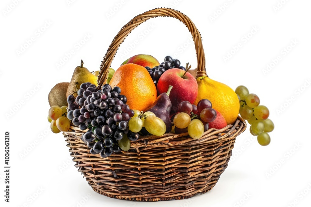 Assorted fruits in wicker basket on white background. Assorted fruits in wicker basket on white background.
