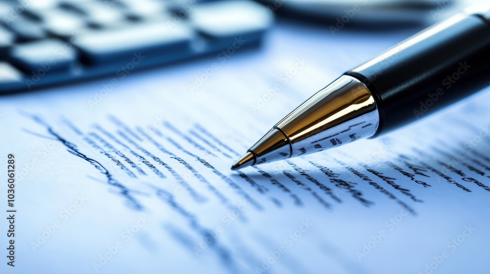 Close-up of a printed document being signed with a pen and calculator, representing financial or legal agreements. Close-up of a printed document being signed with a pen and calculator, representing financial or legal agreements.