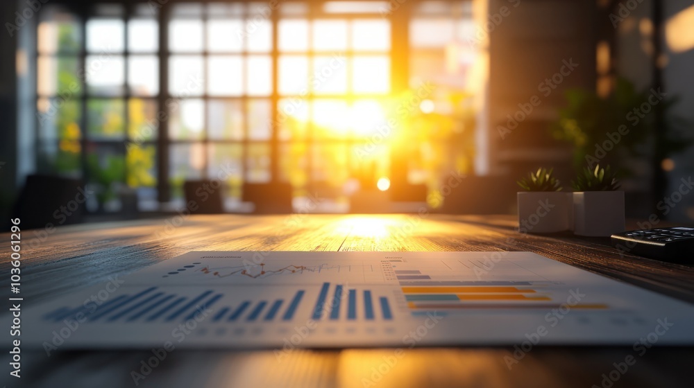 Close-up of business charts and graphs on a conference table in a brightly lit office Close-up of business charts and graphs on a conference table in a brightly lit office