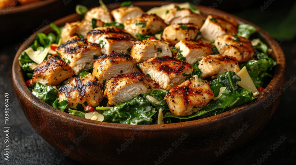 Grilled chicken caesar salad in wooden bowl, close-up. Healthy eating and gourmet cuisine concept Grilled chicken caesar salad in wooden bowl, close-up. Healthy eating and gourmet cuisine concept