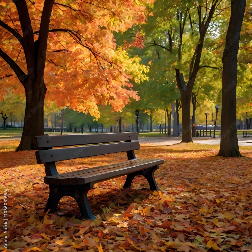 Park bench surrounded by autumn leaves Park bench surrounded by autumn leaves