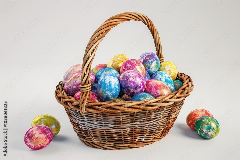 Easter basket filled with colorful eggs on a white background Easter basket filled with colorful eggs on a white background