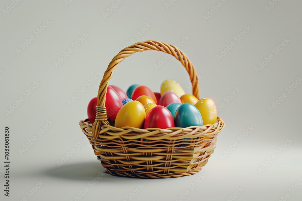Easter basket filled with colorful eggs on a white background Easter basket filled with colorful eggs on a white background